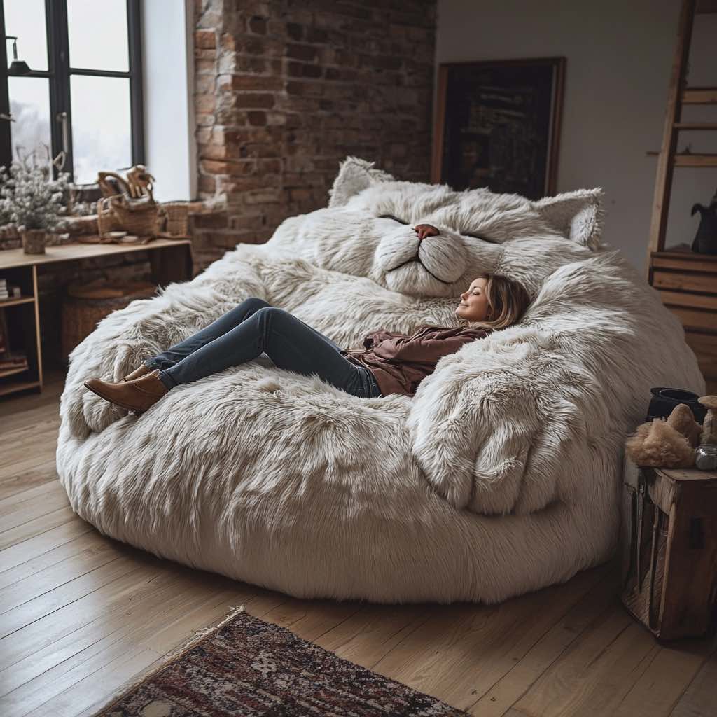 A large, cat-shaped couch with a woman lounging comfortably, surrounded by rustic decor and soft lighting.
