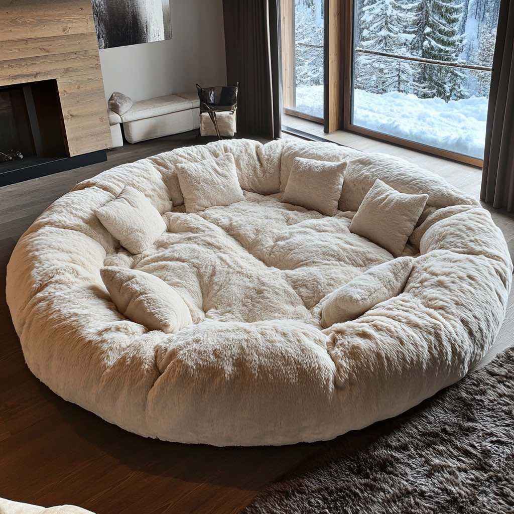Cosy round sofas in a creamy off-white tone with soft cushions in a Scandinavian-inspired living room.