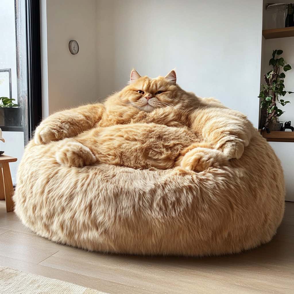 A warm, golden-hued cat-shaped chair in a bright living room with natural greenery and wooden accents.