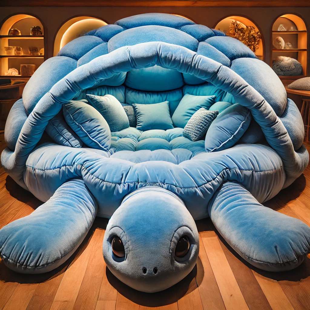 A blue turtle shell sofa with decorative cushions, placed in a modern living room with wooden flooring.
