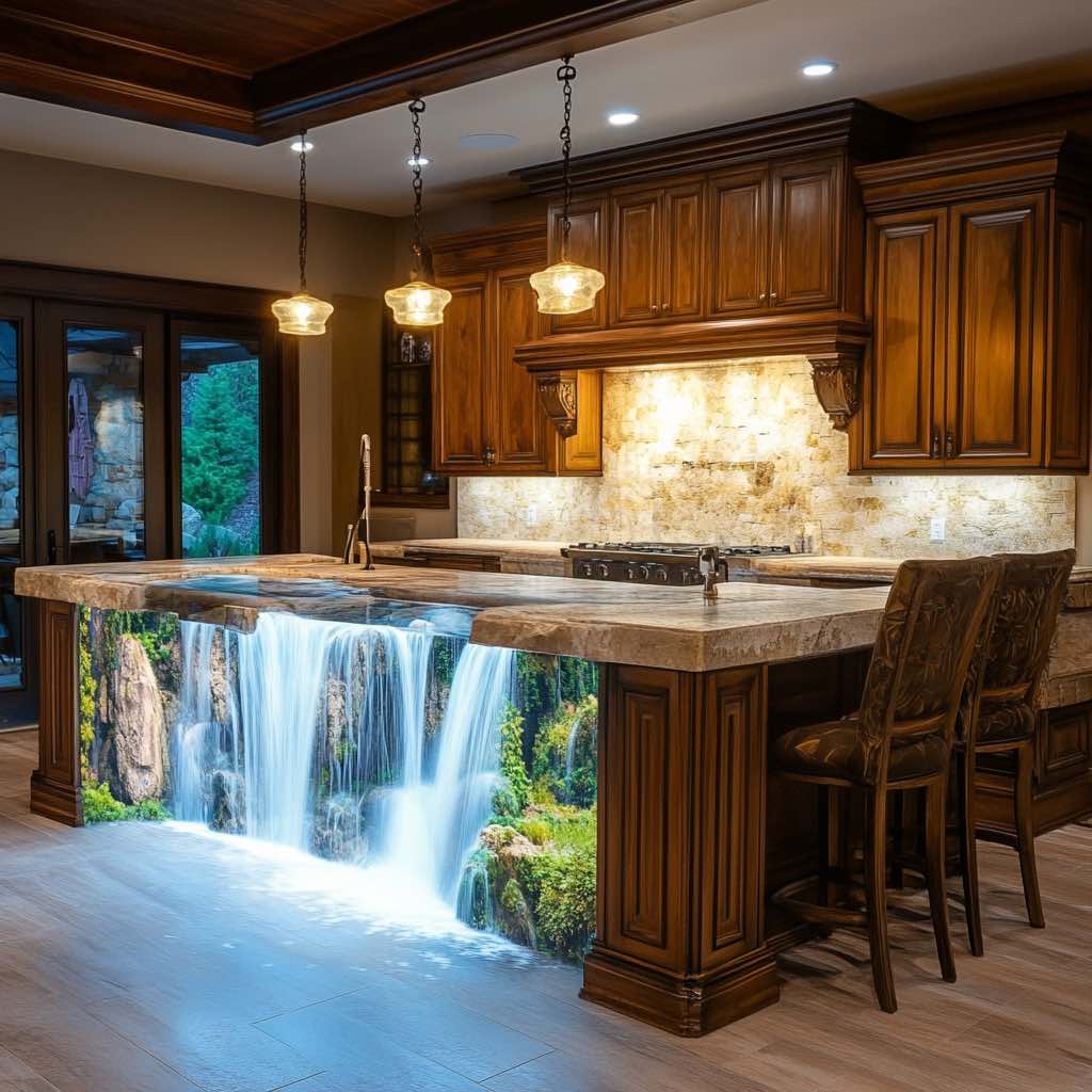 A luxurious kitchen showcasing a stunning waterfall-inspired island with vivid backlit imagery and modern accents.
