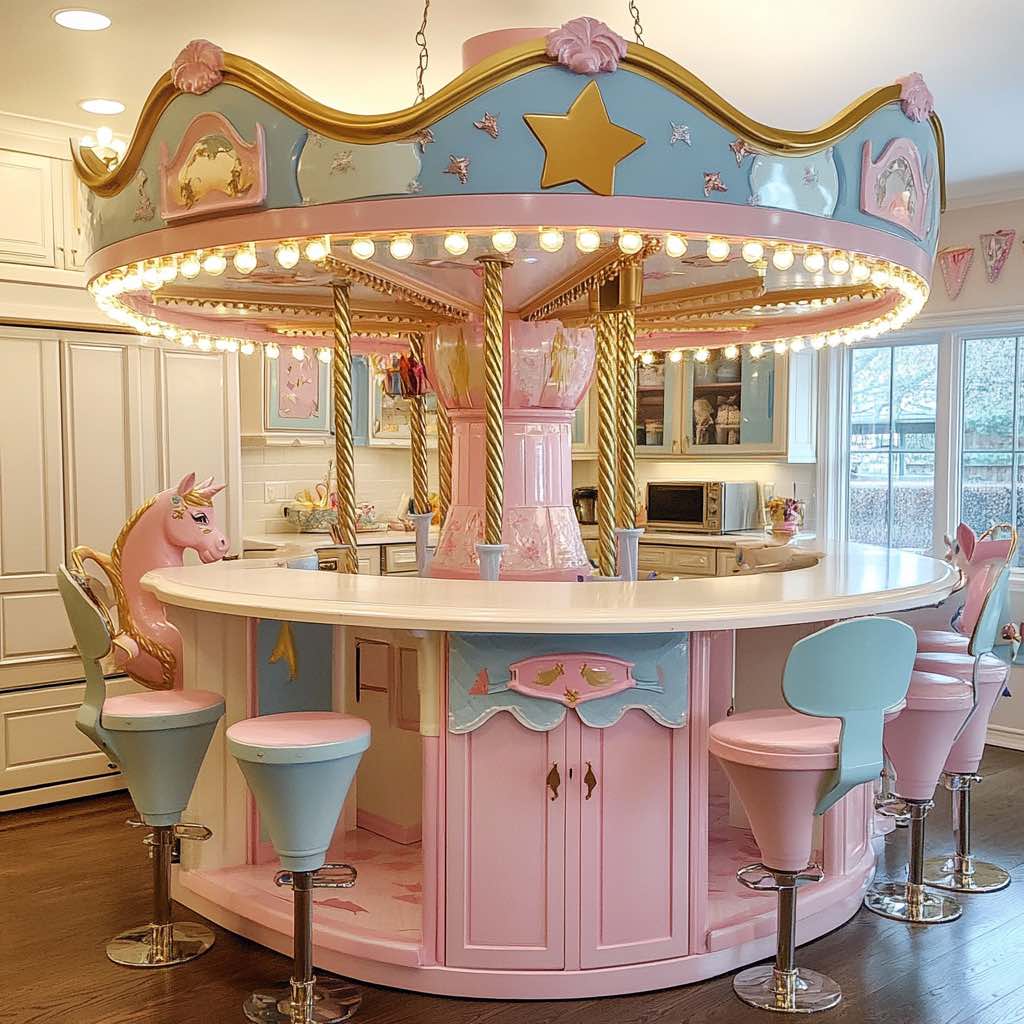 Whimsical pastel pink carousel-themed kitchen bar with star details and pink bar stools.