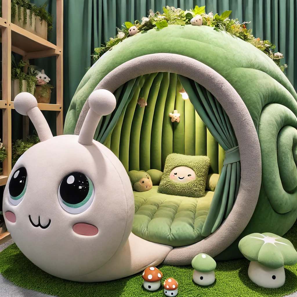 A soft green snail-themed children’s bed with leafy decor and a cosy shell-shaped design.