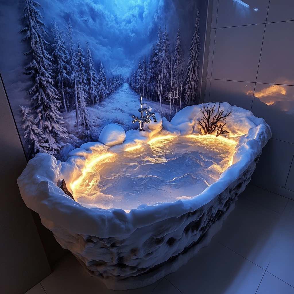 Textured rustic bathtub designed to resemble ice formations, complete with warm lighting and a snow-filled forest backdrop.