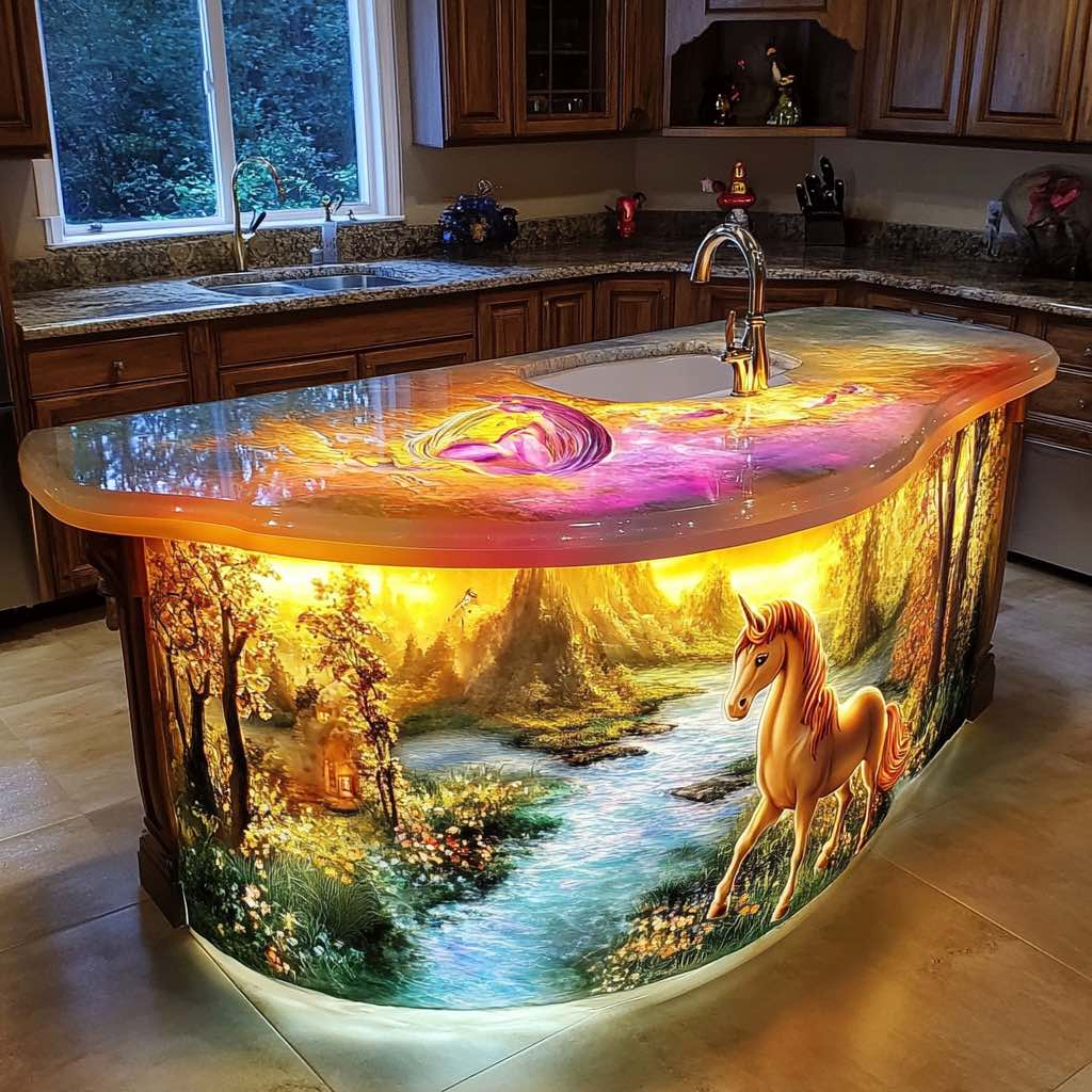 Rustic kitchen island with a unicorn design set in a sunlit forest.