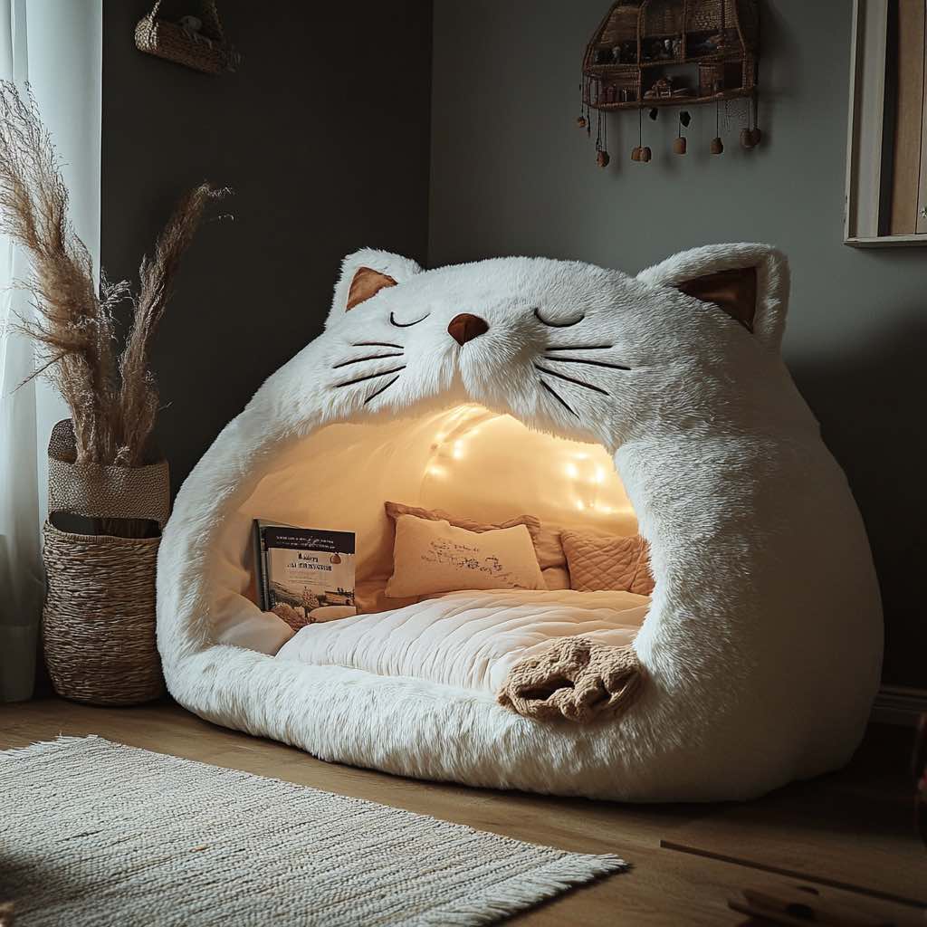 A white cat-shaped plush reading cave with warm fairy lights, soft bedding, and a peaceful aesthetic.