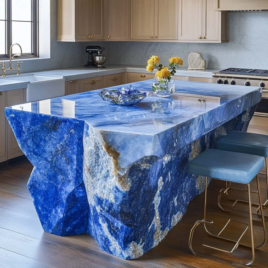 A polished blue crystal kitchen island paired with wooden cabinetry and metallic bar stools.