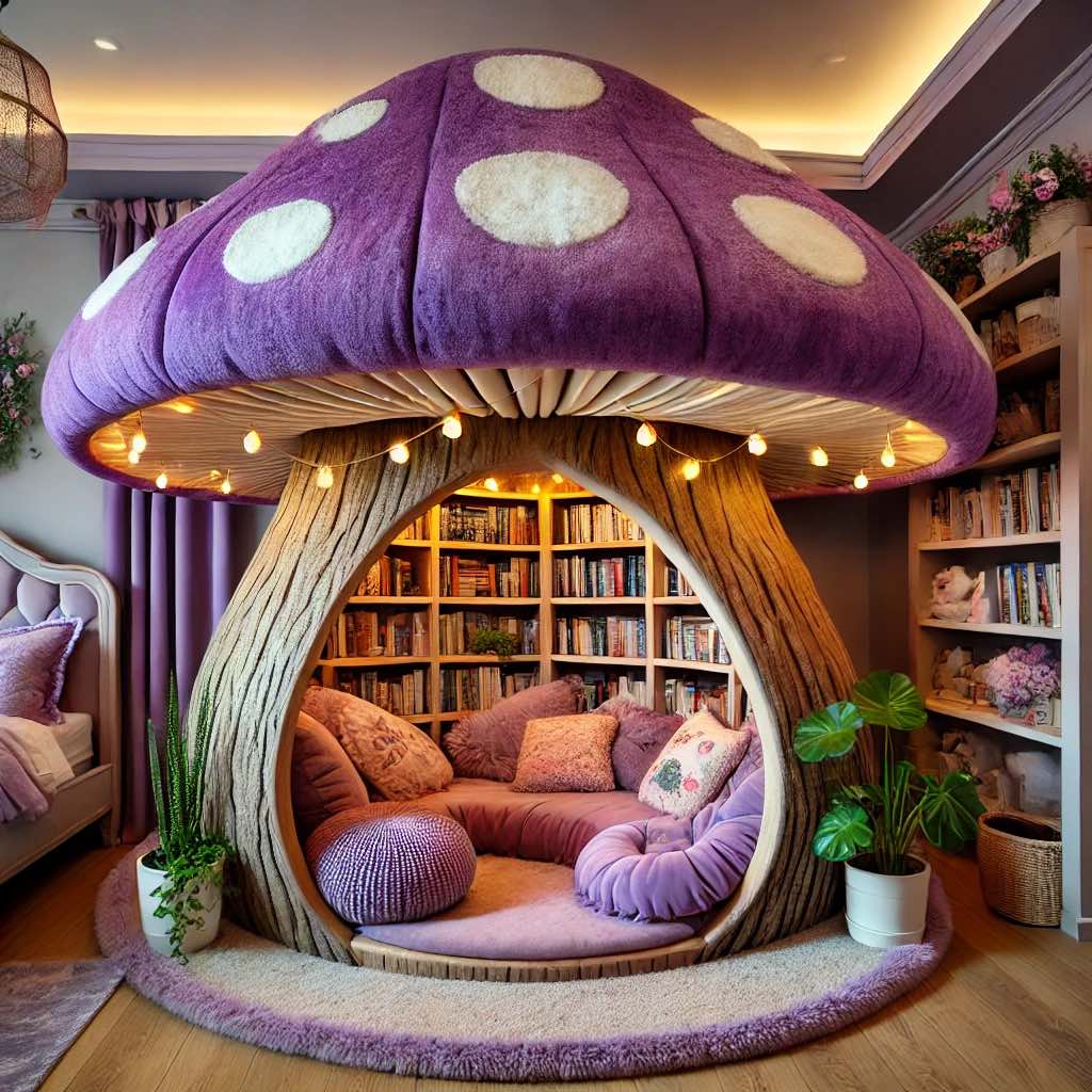 A purple mushroom-themed nook with rounded cushions, wooden details, and warm ambient lighting.