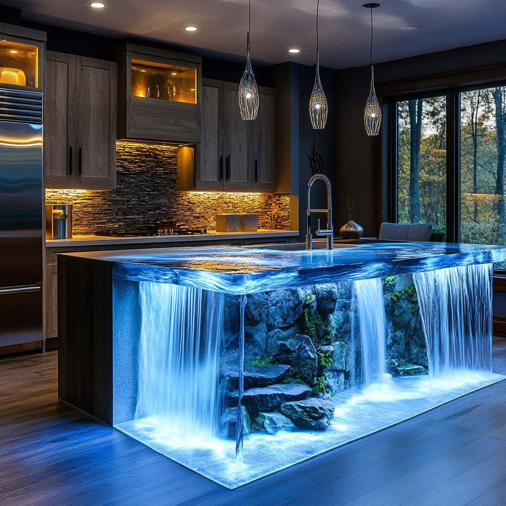 Sleek kitchen design with a blue-toned waterfall island illuminated by soft LED lighting.