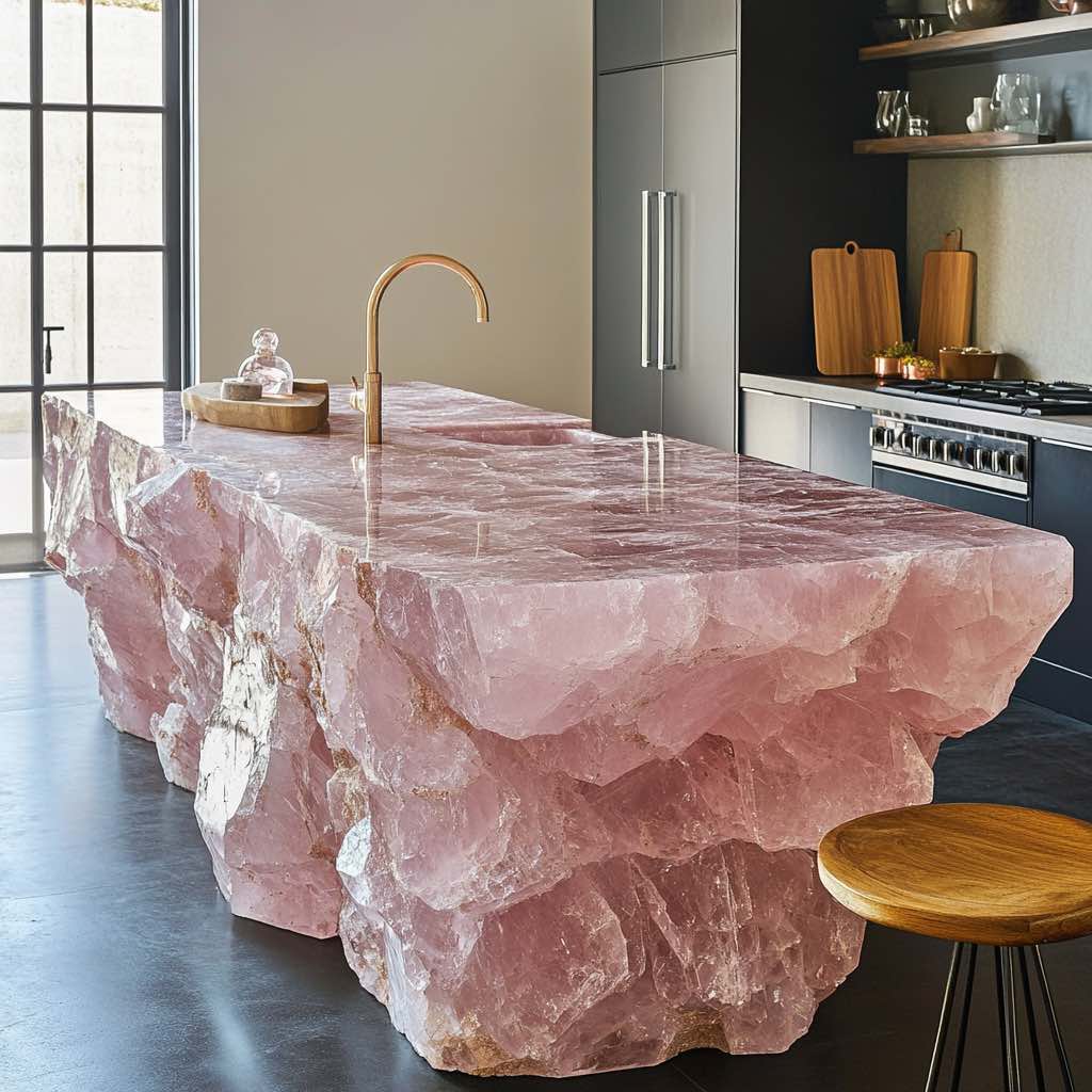 A pink rose quartz kitchen island with natural textures and a sleek design in a contemporary kitchen setting.