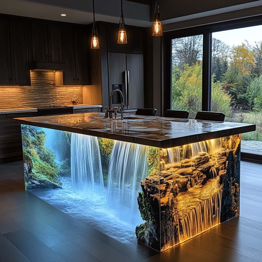 Modern kitchen with a waterfall island displaying lush greenery and cascading water imagery.