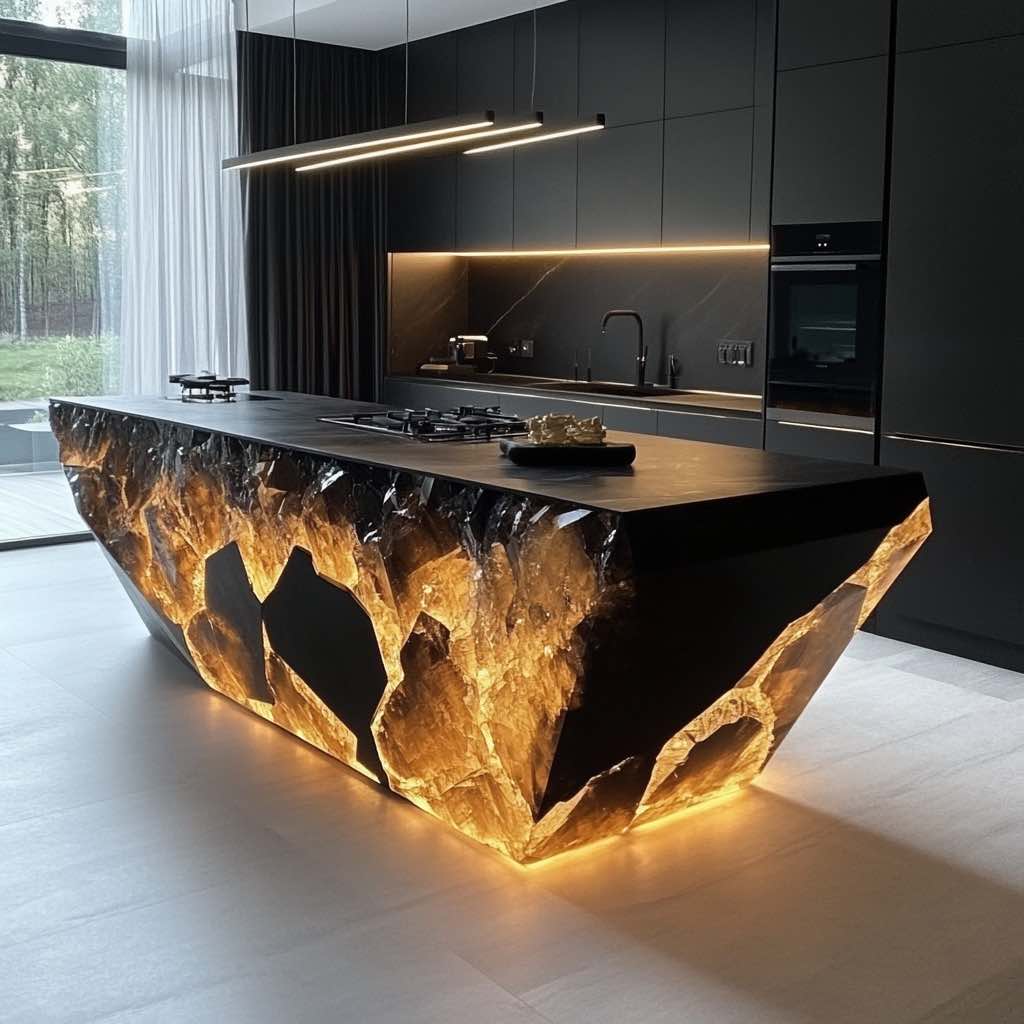 A dramatic black crystal kitchen island with integrated LED lighting in a minimalist black kitchen.
