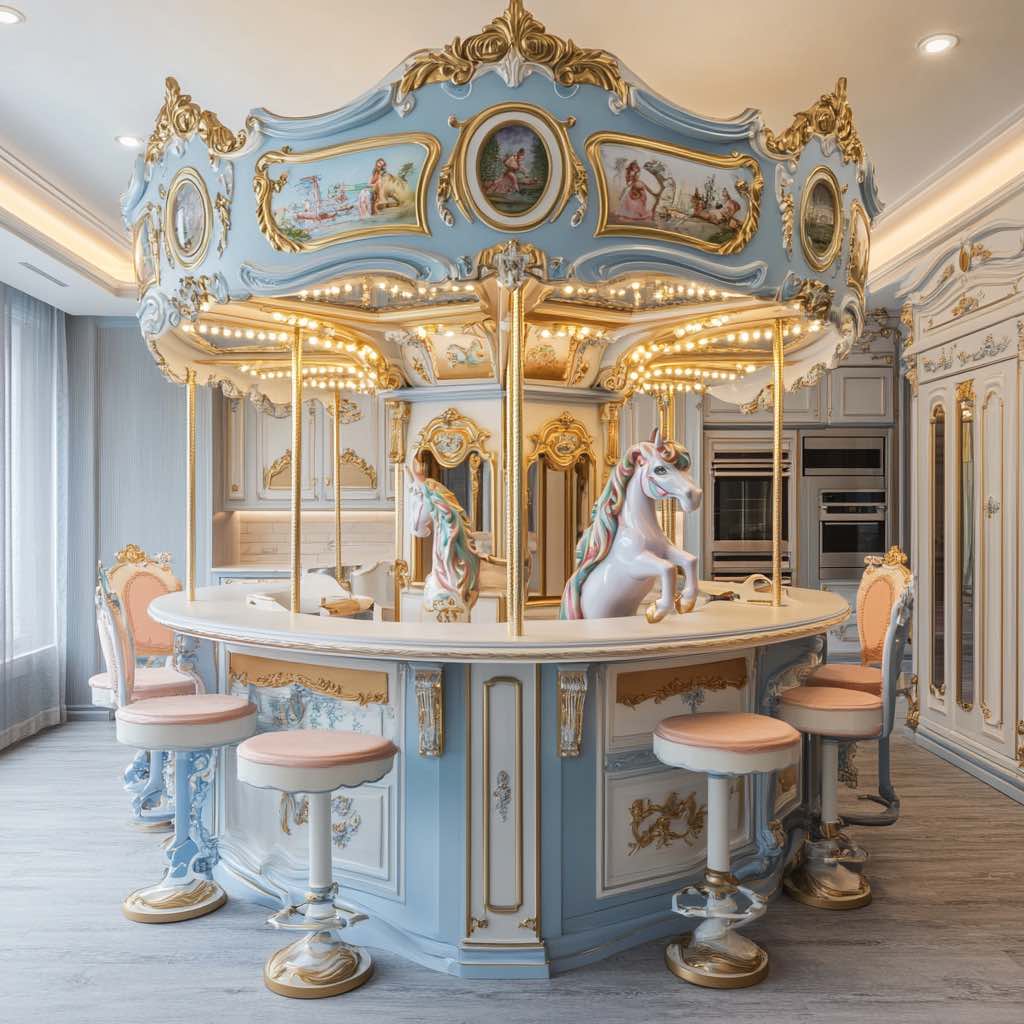 Sophisticated blue and gold carousel kitchen bar featuring ornate designs and plush bar stools.

