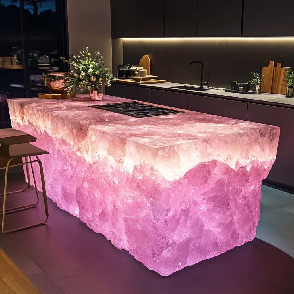 A glowing pink quartz kitchen island with integrated lighting in a modern kitchen with floral decor.