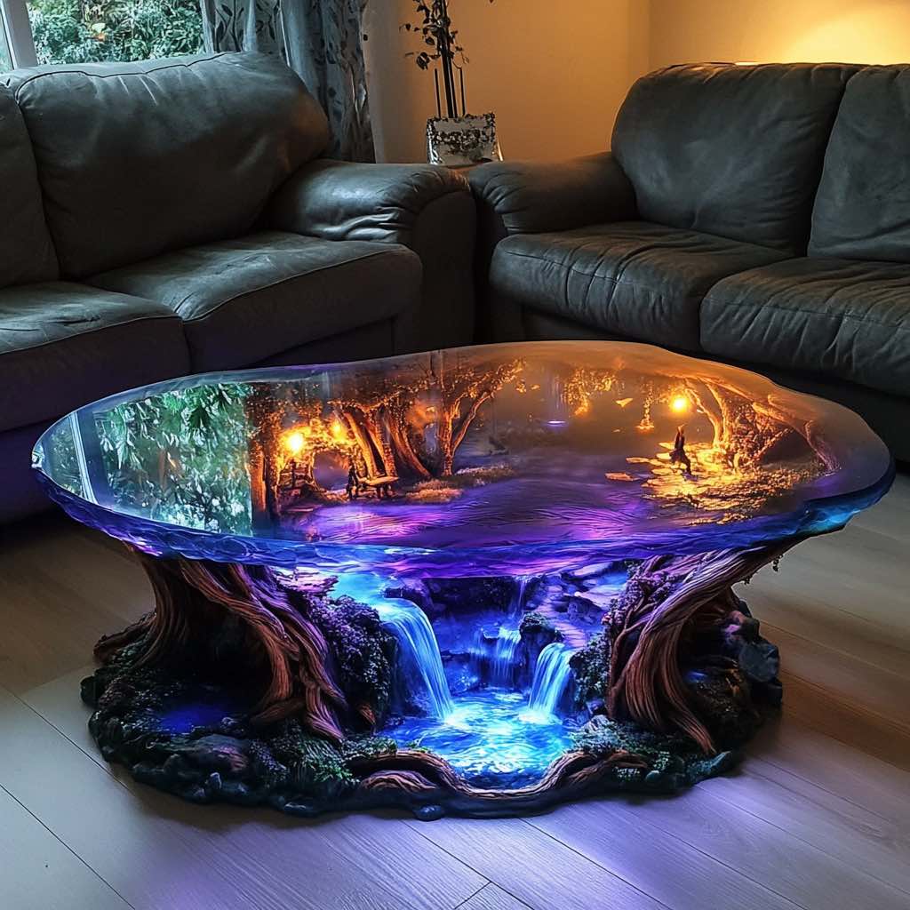 An oval-shaped enchanted forest coffee table with purple-hued lights and a miniature scene of glowing trees and lanterns.