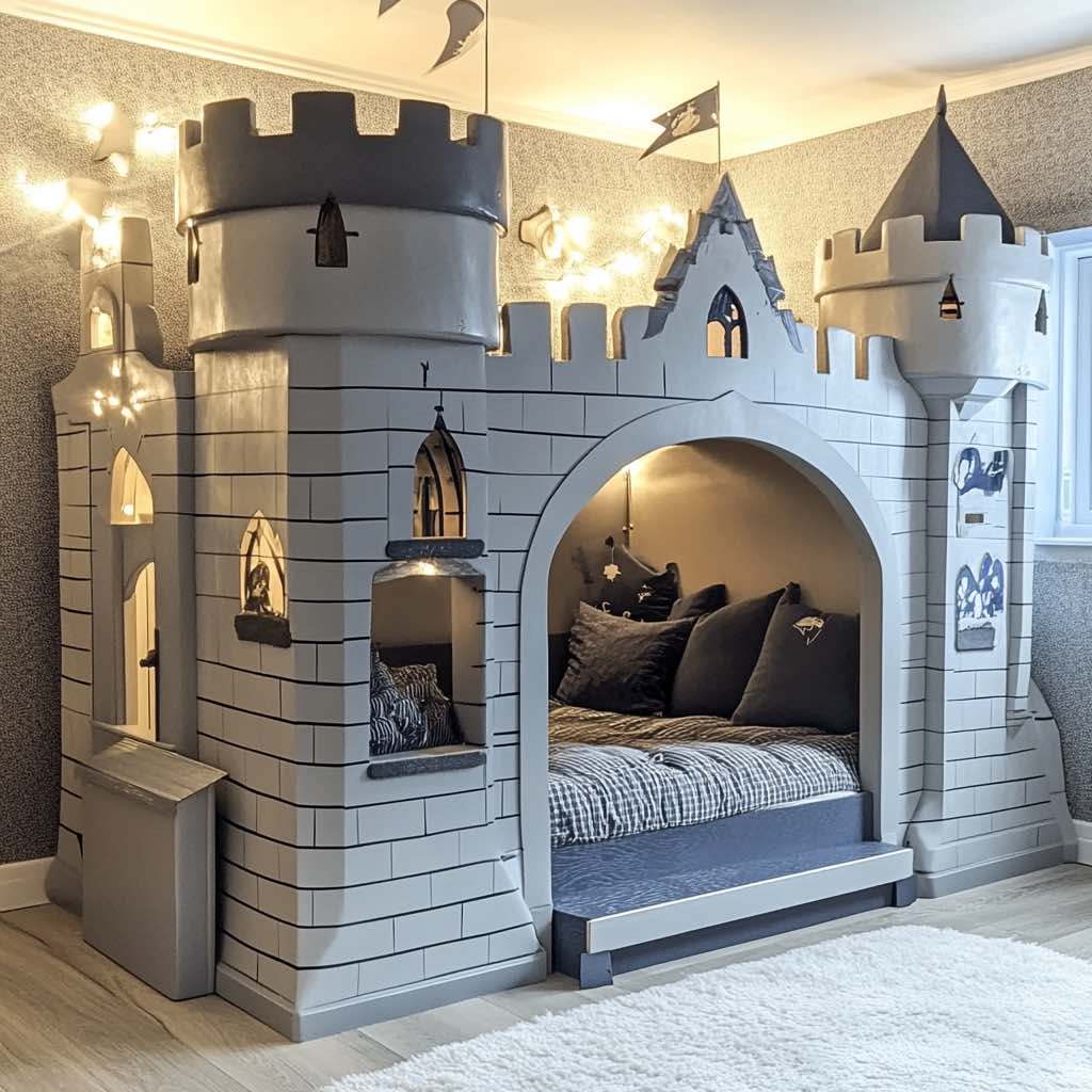  A fortress-style bed with stone-patterned walls and medieval-themed accessories.