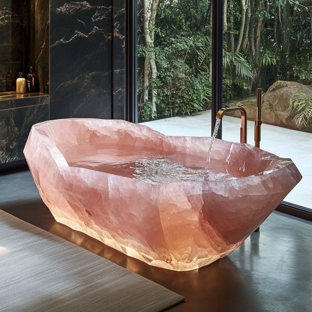 A pink rose quartz bathtub with natural light and greenery in a luxurious bathroom setting.