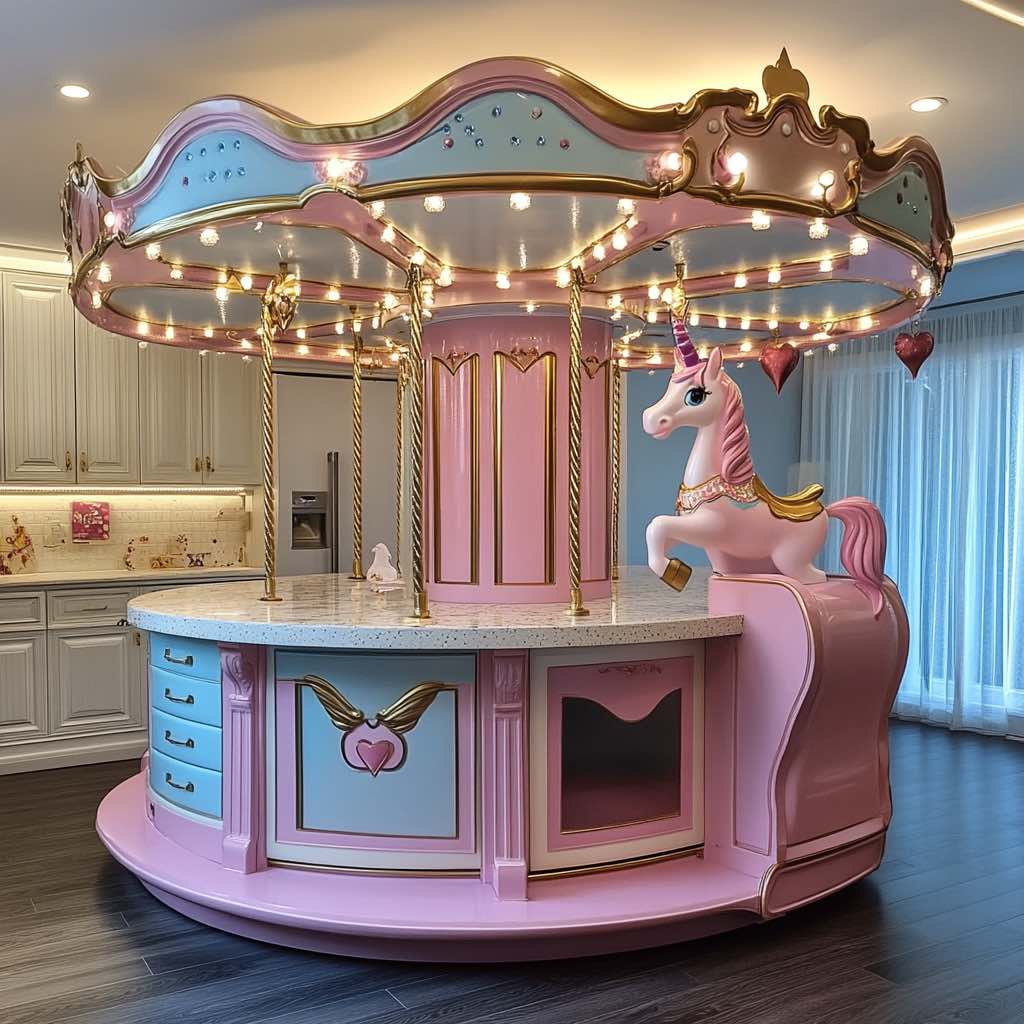 Pink carousel-themed kitchen bar with a sculpted unicorn and playful decor.