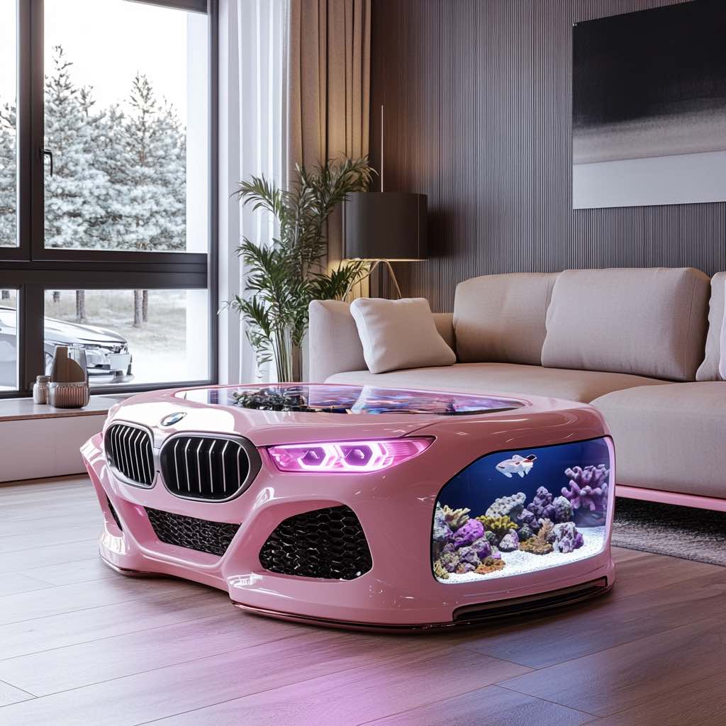 A pink BMW-inspired aquarium coffee table with LED lighting and coral reef decorations in a cosy living room.