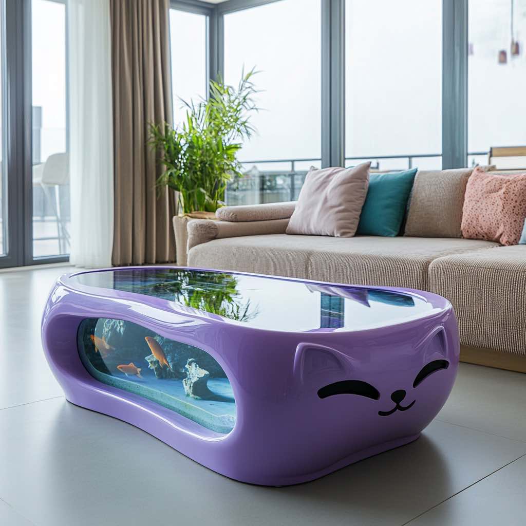 A close-up view of a purple cat-shaped aquarium coffee table showcasing its playful design and goldfish.