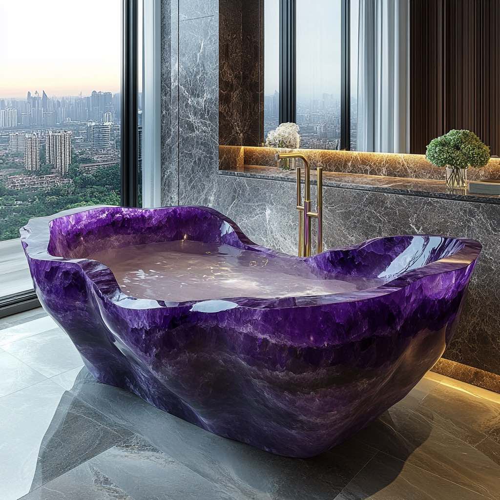 A deep purple amethyst bathtub in a luxury bathroom with floor-to-ceiling windows showcasing a city view.