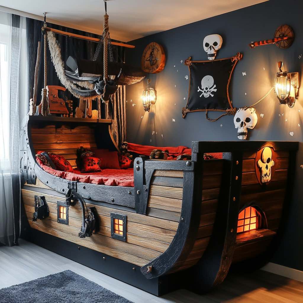 A pirate ship-shaped bed with nautical decorations and dark wooden tones.