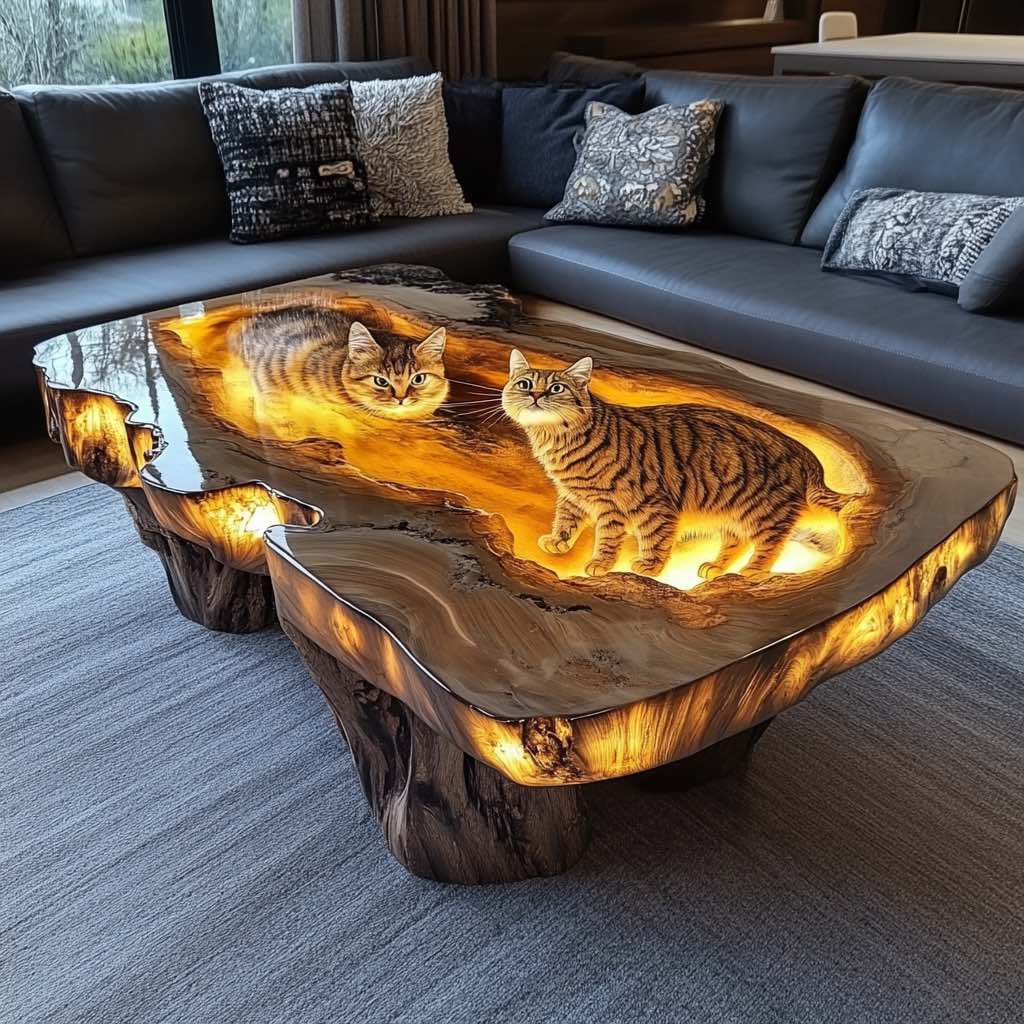 A table design featuring two cats exploring a glowing forest crafted with epoxy resin and wood.