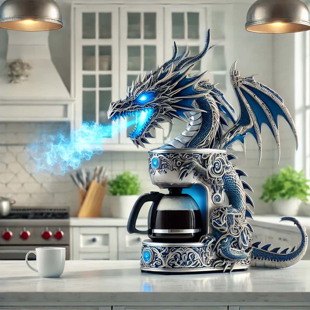 Blue dragon coffee maker with icy breath effect and sleek design on a kitchen countertop.