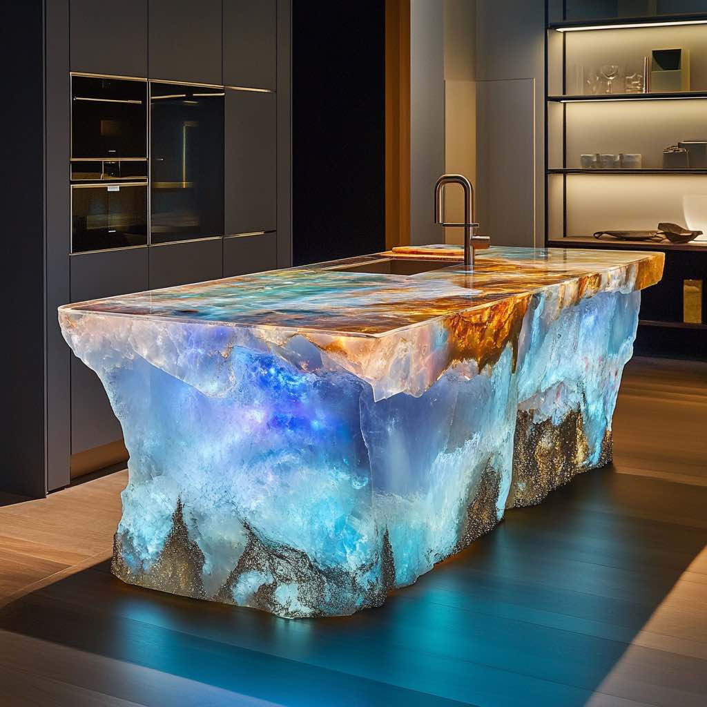 A rainbow onyx kitchen island with backlighting, showcasing vibrant colours in a luxurious kitchen.
