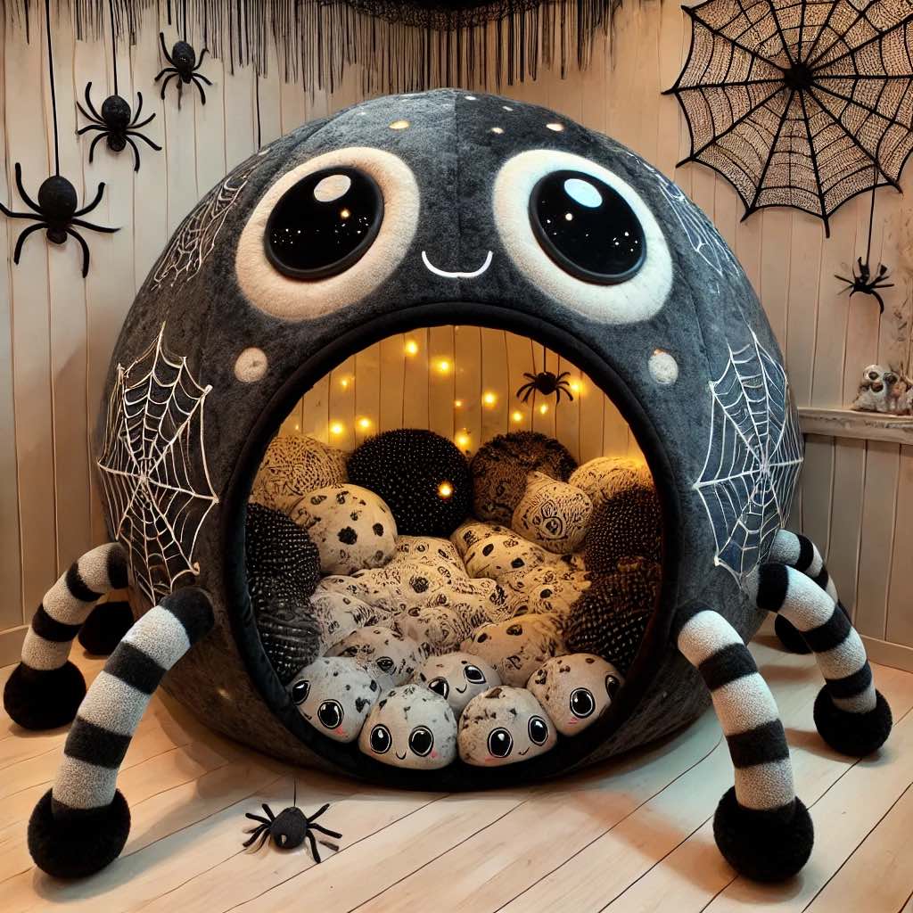 A cosy spider-themed children’s bed with large eyes, web patterns, and glowing fairy lights.