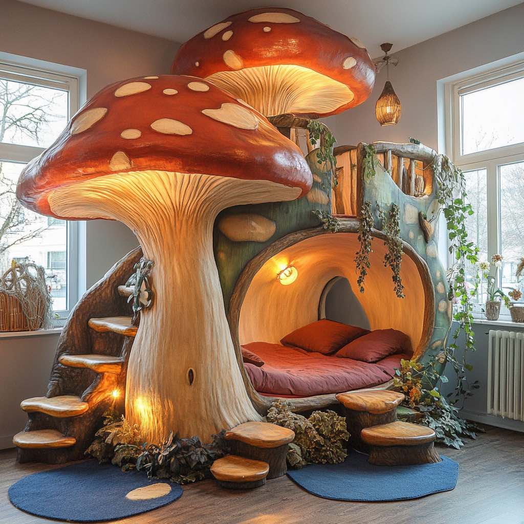 A whimsical bedroom design featuring a large, realistic mushroom structure with steps leading to a loft area, a cozy bed nook inside the mushroom stem, and natural decor elements like hanging plants and wooden accents.