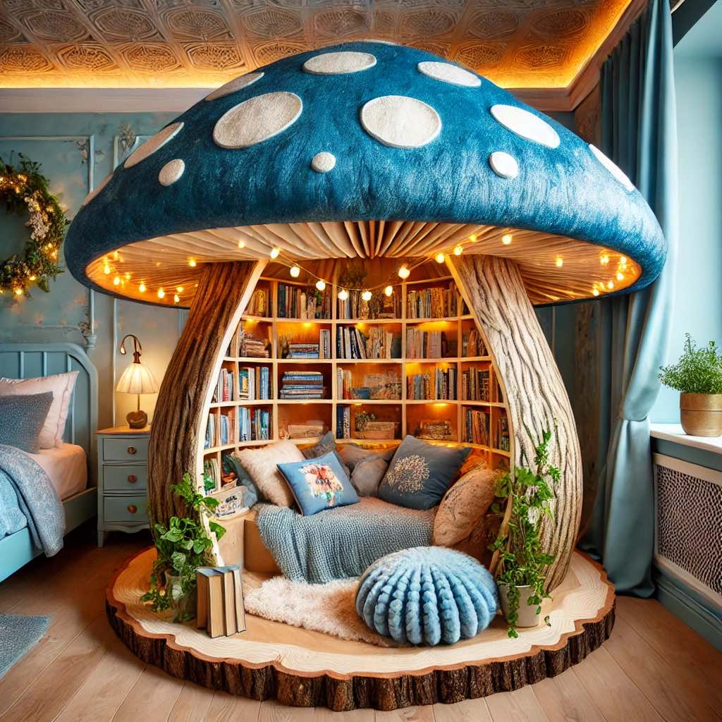 A serene blue mushroom nook with cosy bedding, wooden accents, and glowing lights under the mushroom cap.