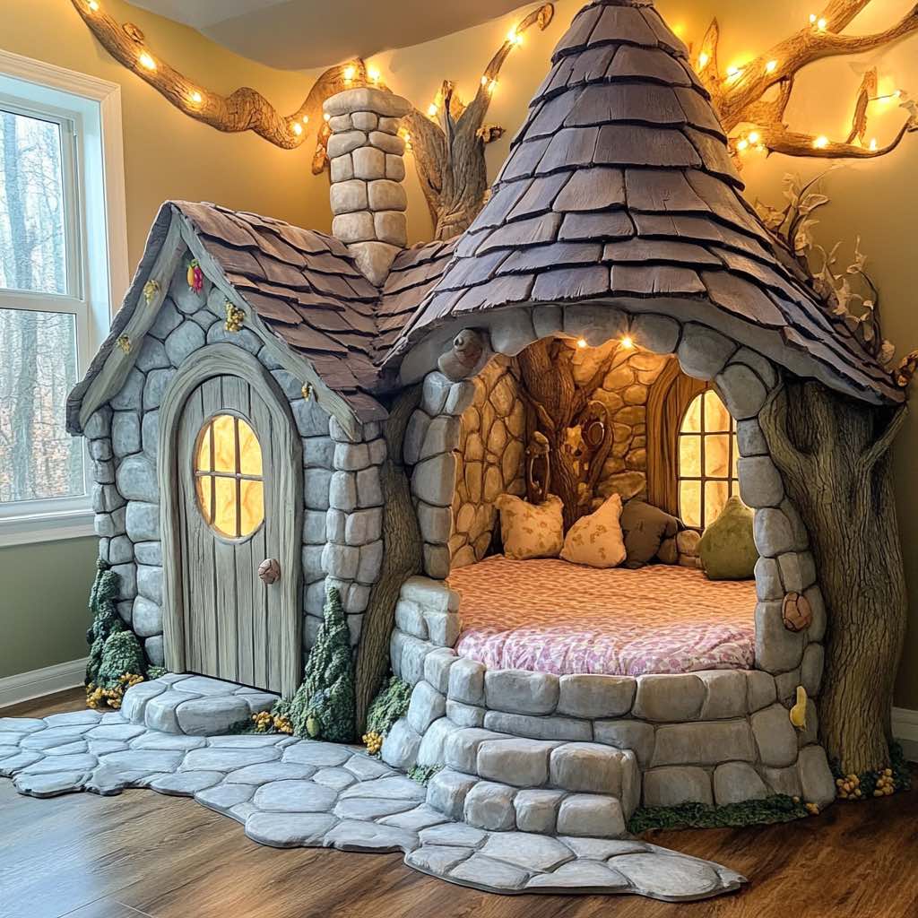 A circular bed encased in faux stone with rustic decor and vine-shaped lights.