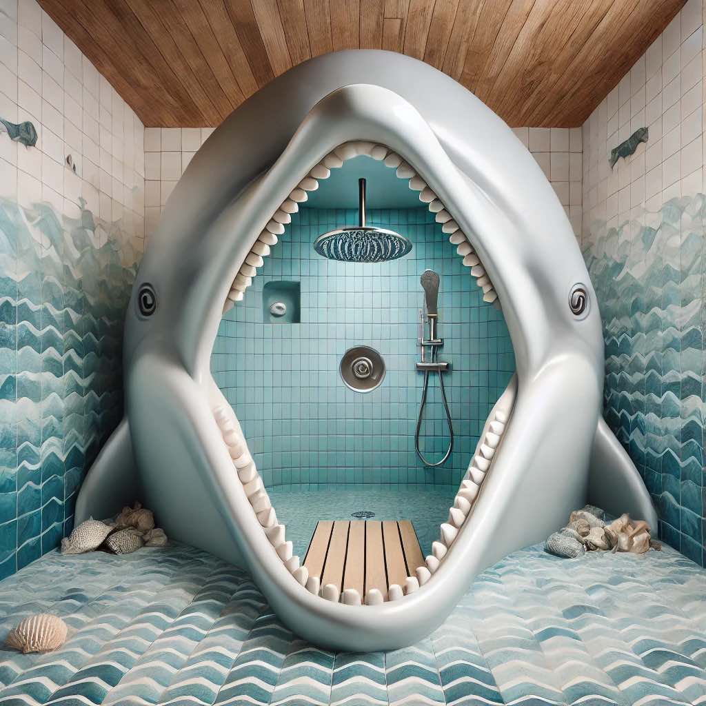 A serene marine-themed bathroom with a dolphin-inspired shower enclosure, wooden ceiling accents, and aquatic tiles.