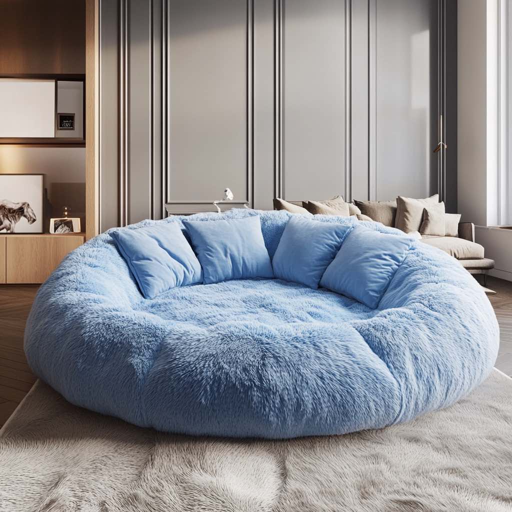 Powder blue round sofa in a luxurious living room with grey accents and natural light.