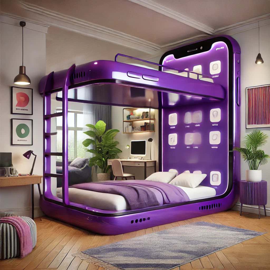 A luxurious purple smartphone-themed bunk bed with glowing app icons and a cosy bedroom design