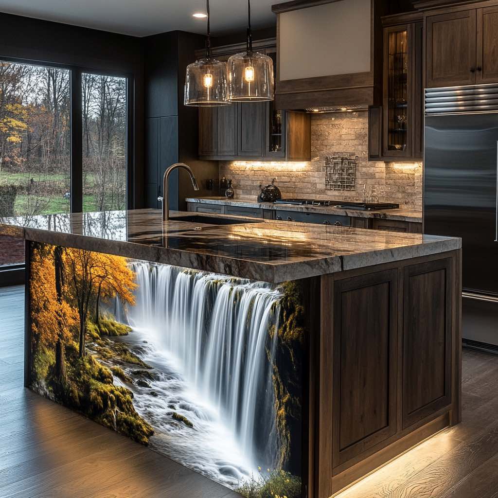 Warm-toned kitchen featuring a waterfall kitchen island with autumn-inspired orange and yellow hues.