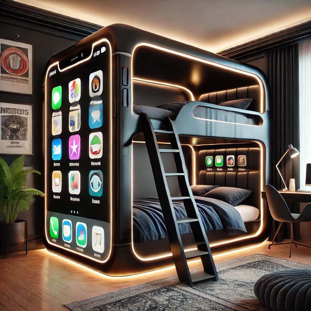 A sleek black smartphone-inspired bunk bed with illuminated app icons and modern bedroom decor.