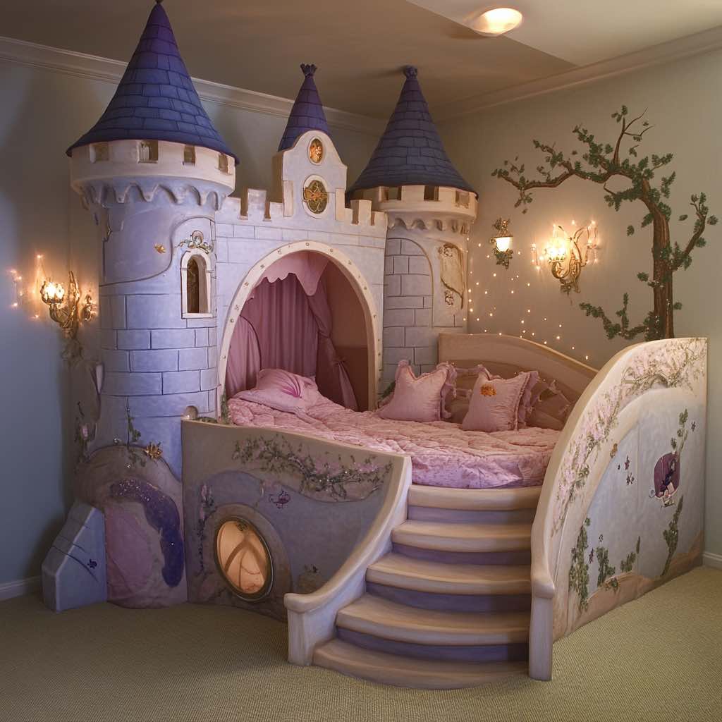 A castle bed with turrets, pastel bedding, and fairy lights for a magical touch in an enchanting themed bedroom.
