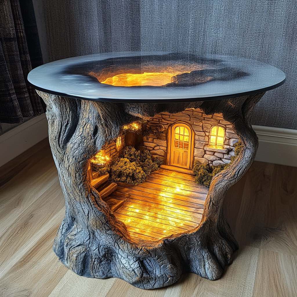 A beautifully crafted tree stump table featuring a glowing miniature cottage with a wooden path and warm lighting.