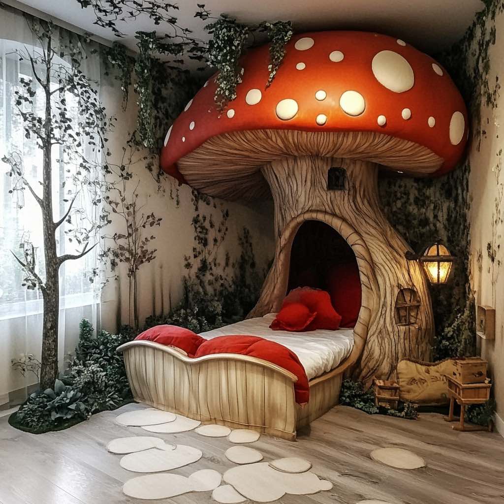 A mushroom-shaped bed surrounded by forest-inspired decor and greenery, perfect for an enchanting themed bedroom.