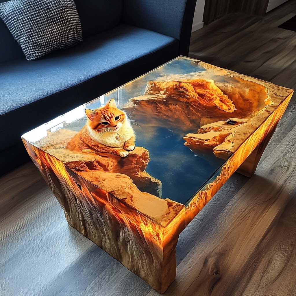 An epoxy resin table showcasing a cat perched on rocky terrain with glowing amber tones.
