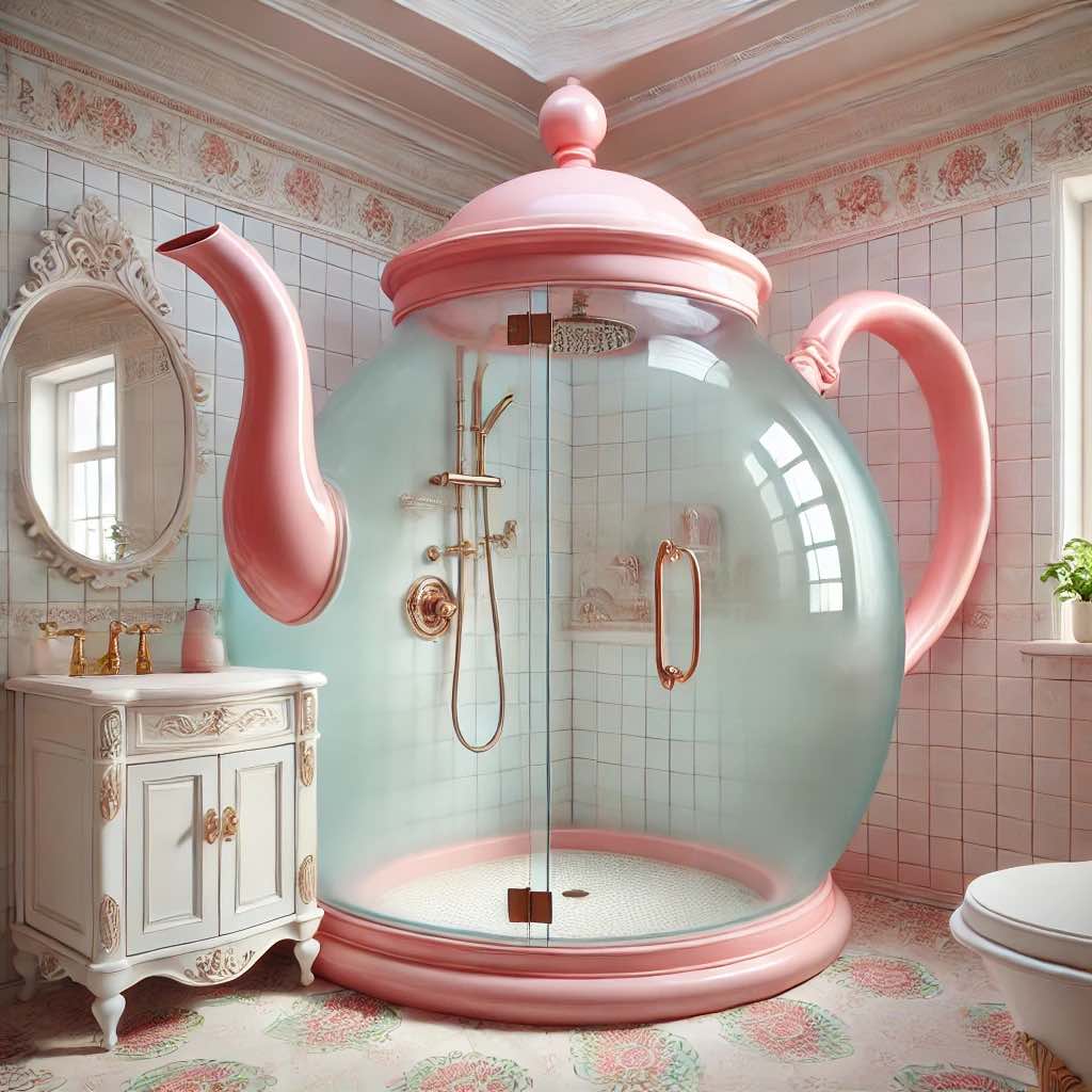 A pink teapot-shaped shower with white and gold detailing in a vintage-inspired bathroom.