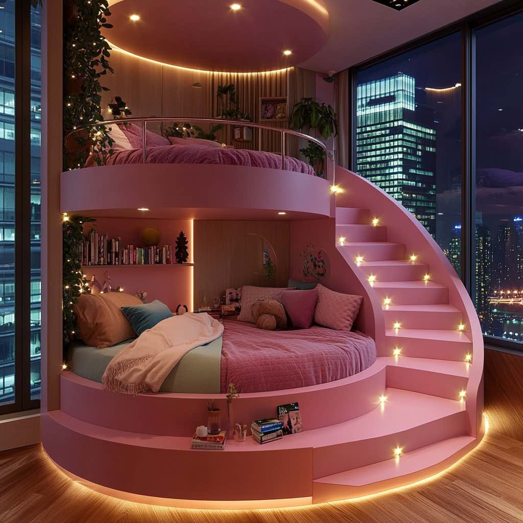 A pink spiral staircase with embedded star-like lights leading to a cosy bed.