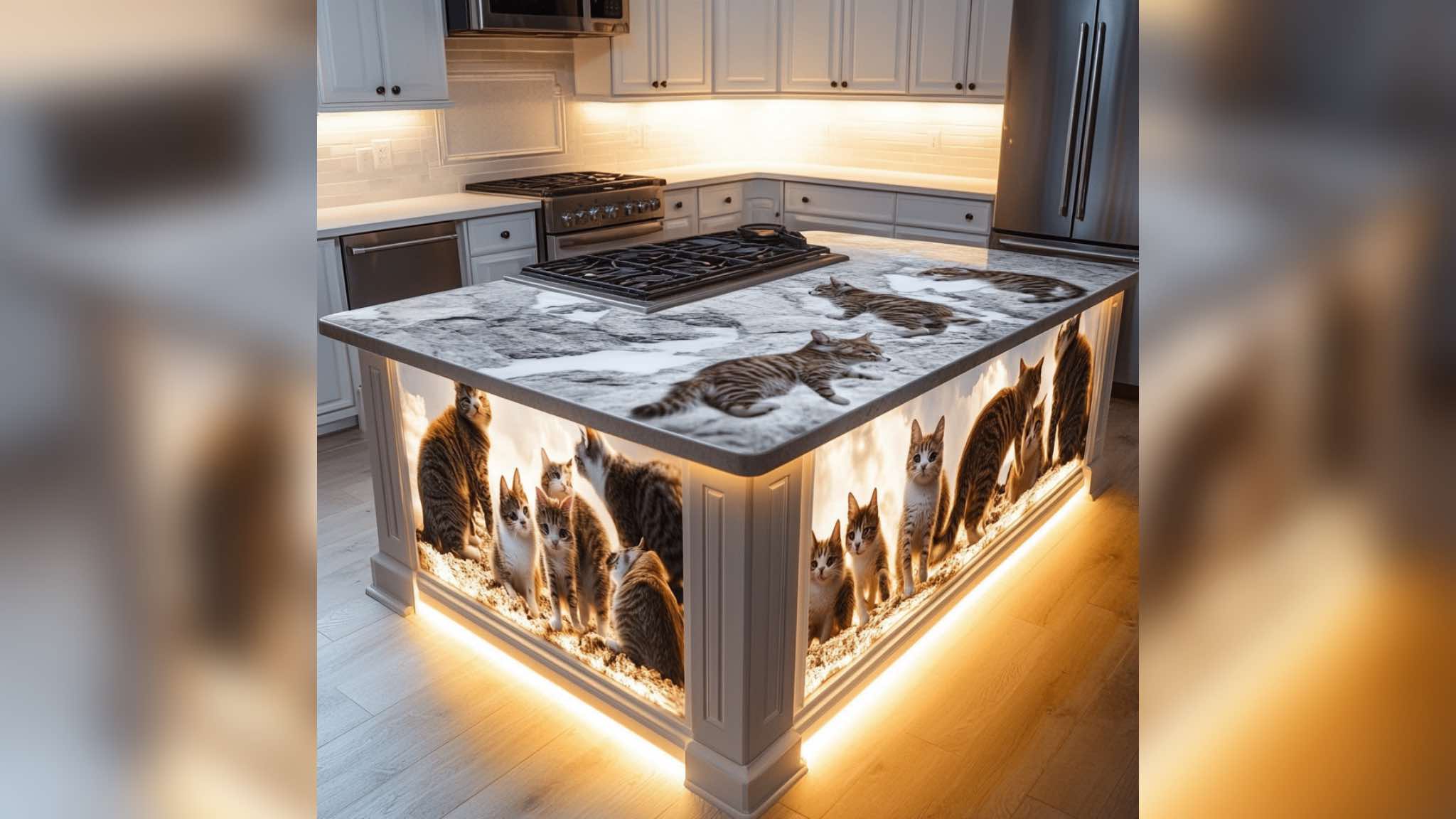 A rustic kitchen island with playful kittens and golden backlit panels in a cosy kitchen.