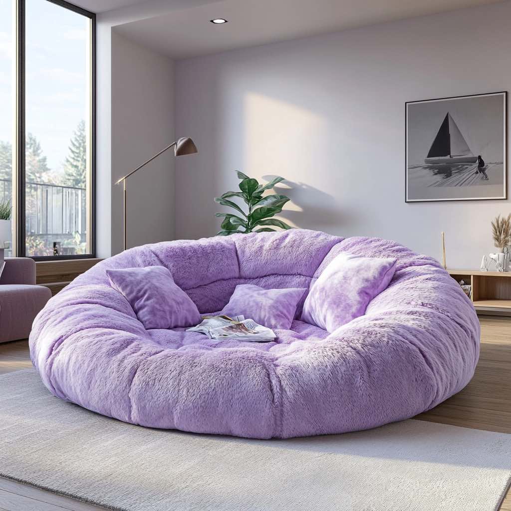 Soft lavender round sofa with matching pillows in a cosy, artistic living room.