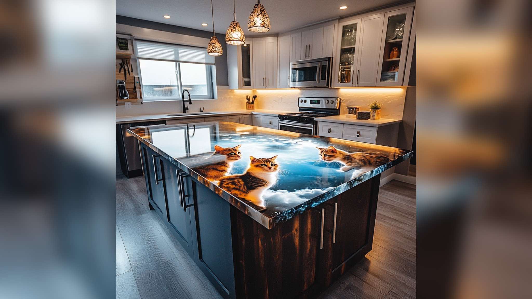 A dreamy kitchen island featuring kittens lounging in clouds with a soft blue and white colour scheme.