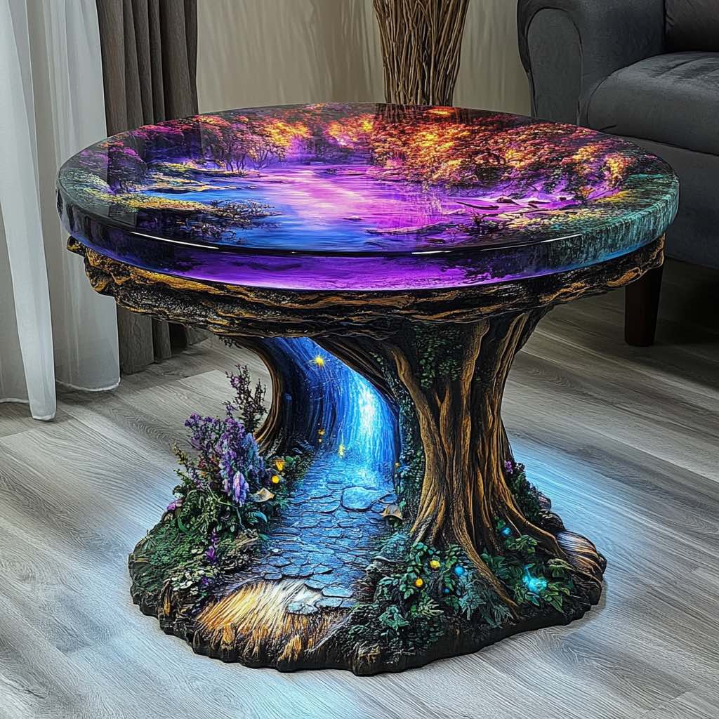 A stunning side table with an intricate design of a magical forest, featuring a vibrant, illuminated nightscape on the tabletop and a glowing pathway surrounded by trees, flowers, and ethereal lights at the base, creating a whimsical and fantasy-inspired atmosphere.