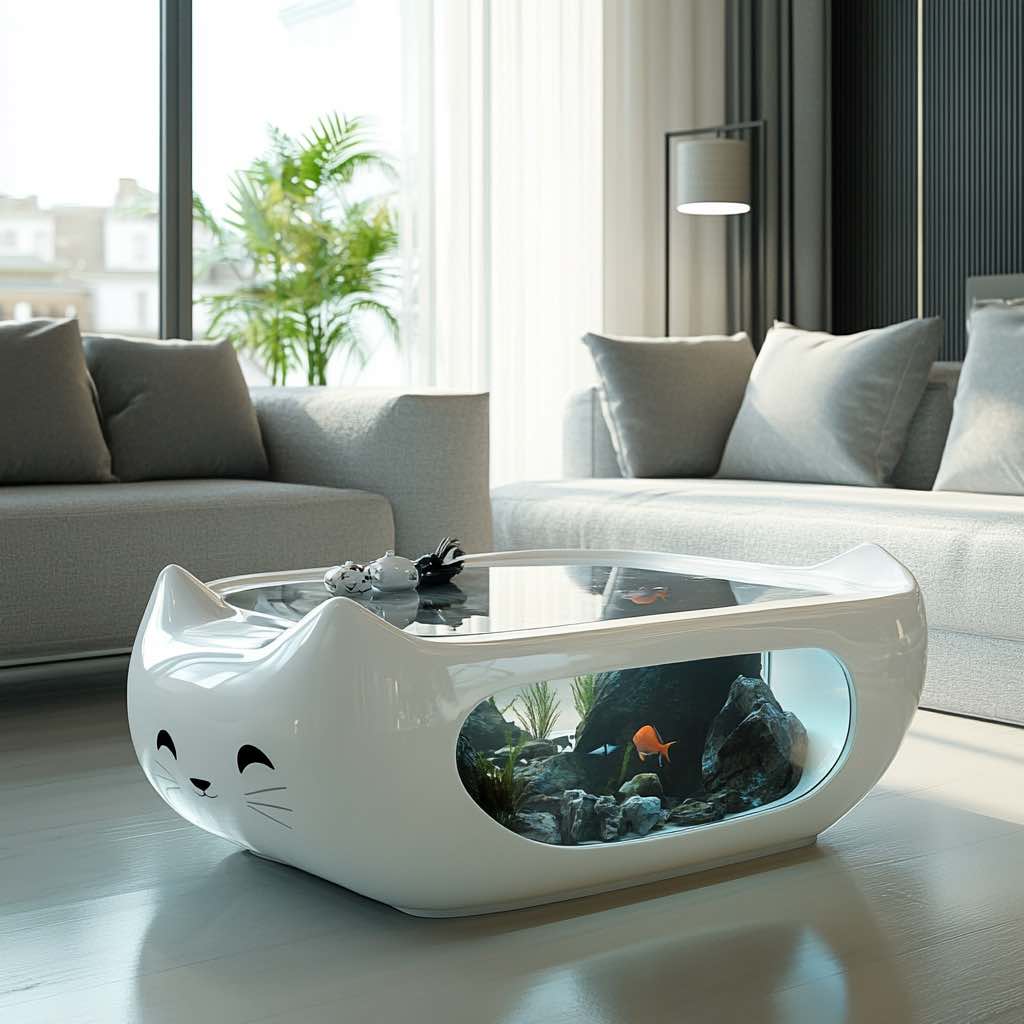 A sleek white cat-shaped aquarium coffee table in a minimalist living room with grey sofas and natural light.