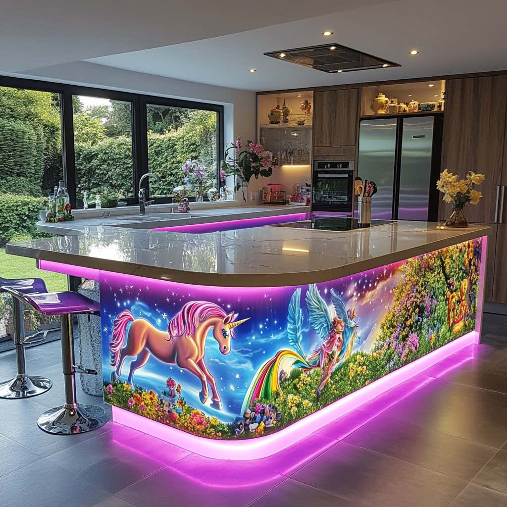 Unicorn kitchen island with lush greenery, rainbows, and vibrant fantasy details.